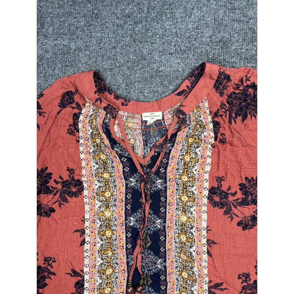 Mason & Belle Women's Boho Floral Print Blouse Long Sleeve Tassel Tie Large